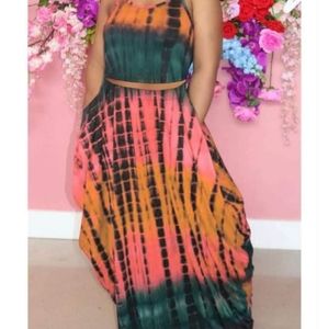 2 piece tie dye t strap maxi skirt set